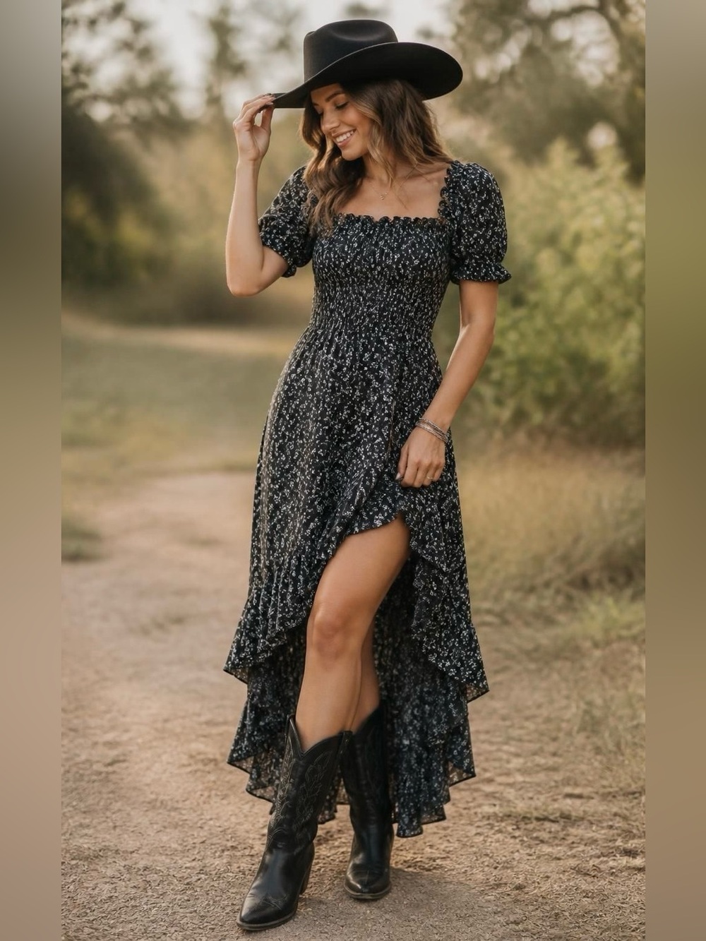 Blue Rain Black Floral Hi-Low Smocked Dress